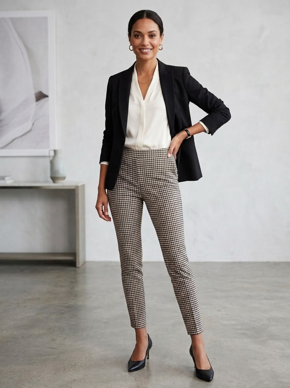 RW&CO Checked Houndstooth Leggings in Cream/ Tan& Black Size M